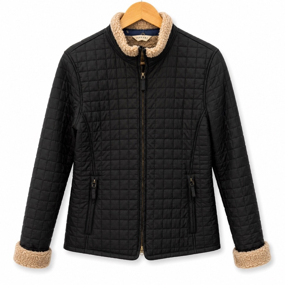 Tsunami Womens Black Quilted Fleece Lined Jacket Full Zip Nylon Mock Neck M